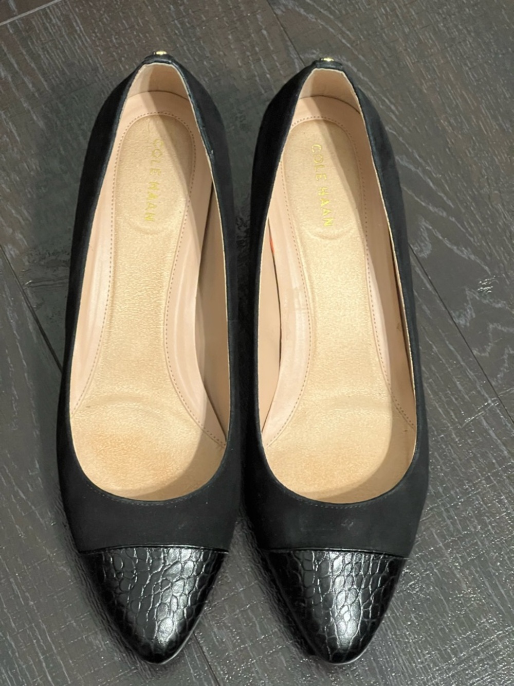 Cole Haan Grand.OS Black Suede Pumps – Pointed Toe Block Heel – Size 10.5B